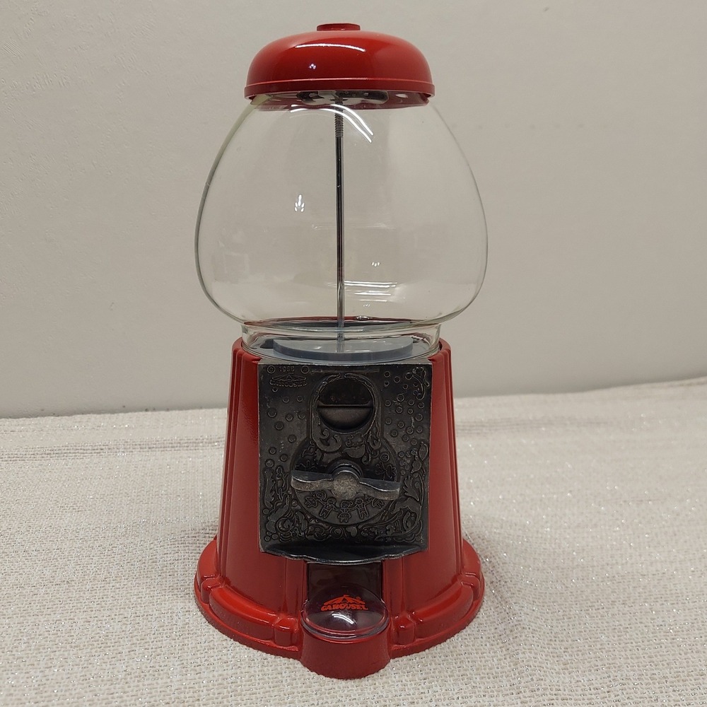 Vintage 1985 Carousel Gumball Machine Red Metal Glass Globe 11" Tabletop